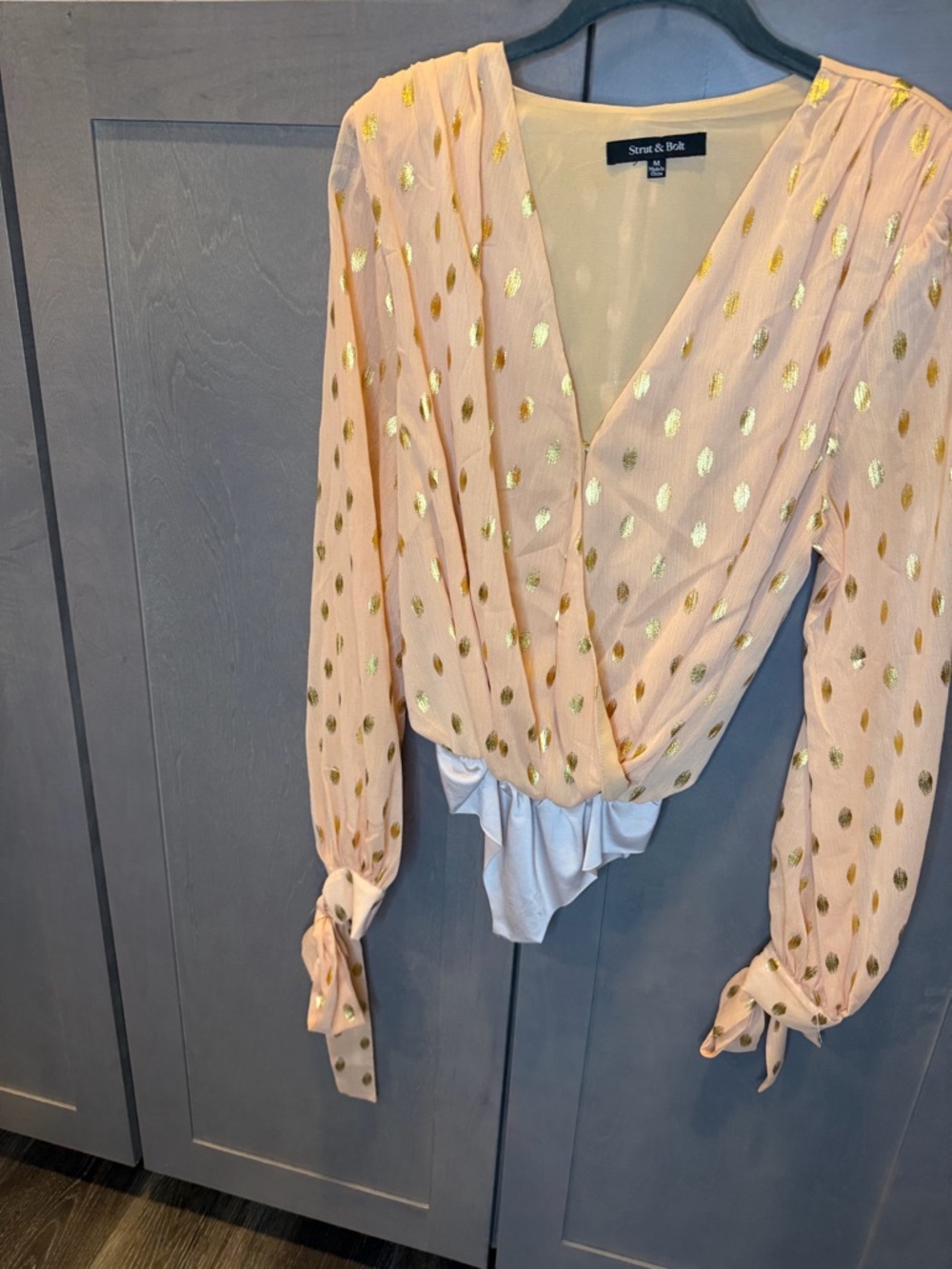 Stretch Wrap Bodysuit Blouse in Soft Pink with Gold Print